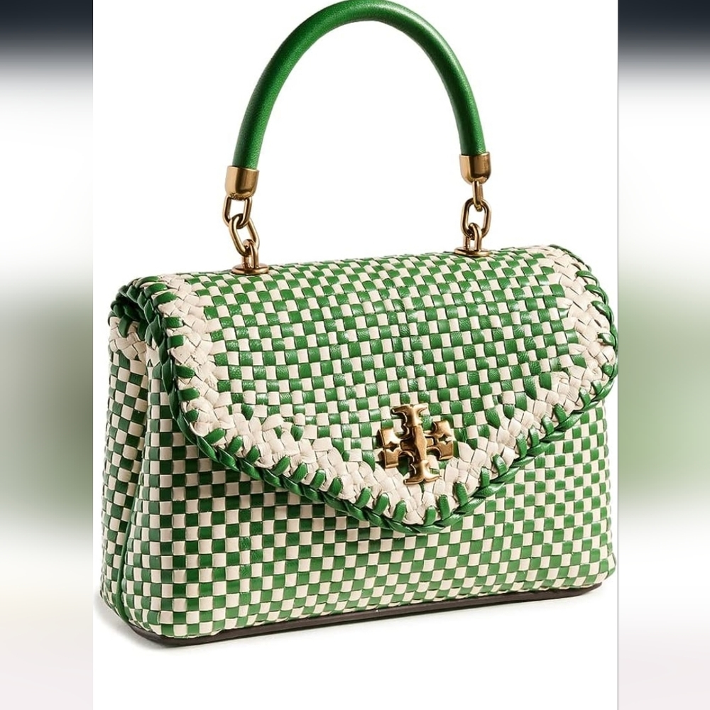Tory Burch Green and White Mini Kira Woven Top Handle Bag